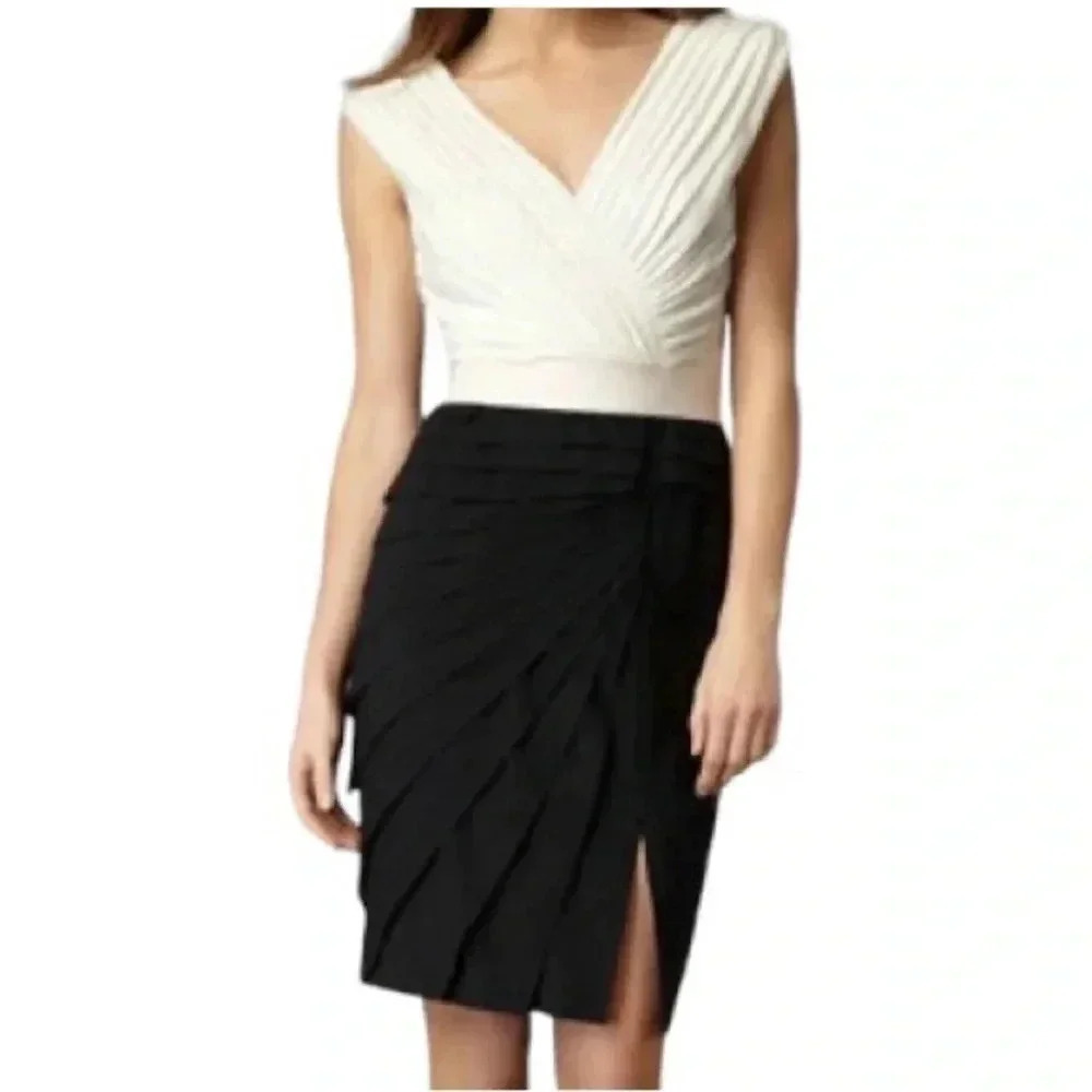 TADASHI SHOJI Women Pleated Ivory/Black Sleeveless Crepe Midi Cocktail Dress 6